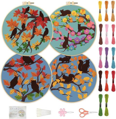 FREEBLOSS 4 Set 12'' Embroidery Kit for Beginners Indigo Flowers Border Pattern Embroidery Kit with Instructions Full Kit of Embroidery Cloth 2 Embroidery Hoops Indigo Blue Series Flosses in Kuwait