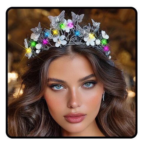 JEAIRTS Light Up Rhinestone Butterfly Headband Sparkly Flower Pearl Wedding Fairy Headpiece Led Costume Hair Accessories for Women (5-Blue, Free Size) in Saudi Arabia