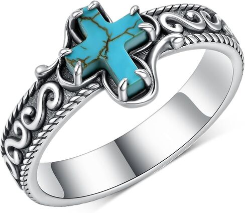 Genuine Natural Turquoise Cross Ring 925 Sterling Silver Boho Religion Christian Rings Bohemian Vintage Style Jewelry Gift for Women in Kuwait