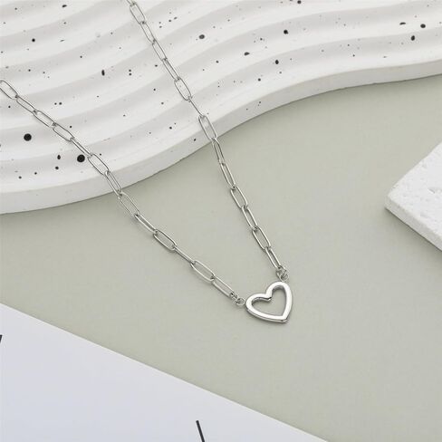 Heart Necklace for Women 14K Gold Silver Tone Stainless Steel Hollow Heart Paperclip Chain Necklace Minimalist Jewelry 17"+2" in Saudi Arabia