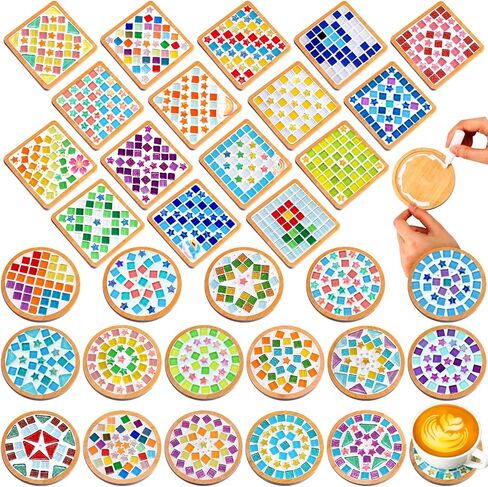 DIY Glass Mosaic Tiles for Crafts, Mixed Color Mosaic Kits with Wooden Coaster Adults DIY Kit for Coaster Handmade Home Gifts(Fresh Style,8 Sets) in Kuwait