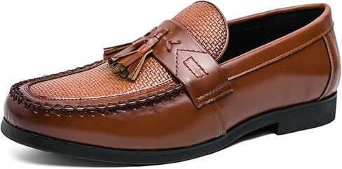 Men's Leather Tassel Decorated Low Heel Formal Loafers Retro Round Toe Printed Non-Slip Slip-On Business Flat Moccasin Shoes in Saudi Arabia