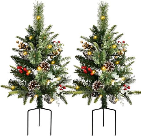 2 Pack Outdoor Christmas Trees for Porch，Lighted Artificial Christmas Urn Fillers, Battery-Powered LED Lights, Tripod Stakes for Holiday Porch Decorations on Porches, Patios,urn filler,and Flower Beds in Saudi Arabia