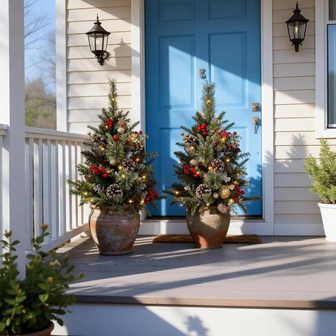 2 Pack Outdoor Christmas Trees for Porch，Lighted Artificial Christmas Urn Fillers, Battery-Powered LED Lights, Tripod Stakes for Holiday Porch Decorations on Porches, Patios,urn filler,and Flower Beds in Saudi Arabia