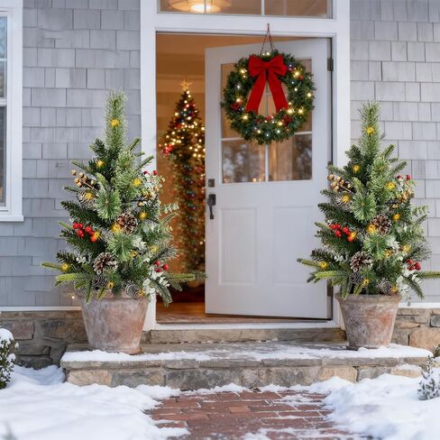 2 Pack Outdoor Christmas Trees for Porch，Lighted Artificial Christmas Urn Fillers, Battery-Powered LED Lights, Tripod Stakes for Holiday Porch Decorations on Porches, Patios,urn filler,and Flower Beds in Saudi Arabia