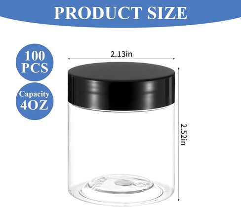100 Pack 4Oz Plastic Jars Round Clear Cosmetic Container with Black Lids, Wide Mouth Small Jars Leak-Proof for Lotion, Cream, Ointments, Makeup, Eye shadow, Rhinestone, Samples, Pot, Travel Storage in Kuwait