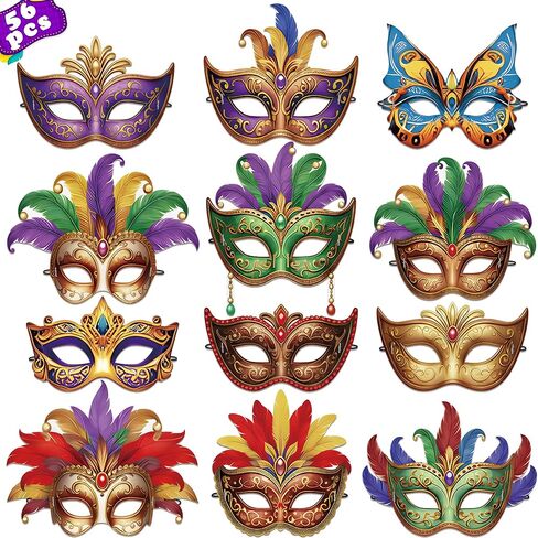 56PCS Mardi Gras Masks Bulk Set: Masquerade Party Decorations Carnival Favors(Paper) in Saudi Arabia