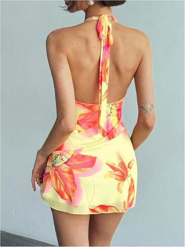 Floerns Women's Boho Deep V Neck Floral Halter Dress Sleeveless Beach Vacation Mini Dresses in Saudi Arabia