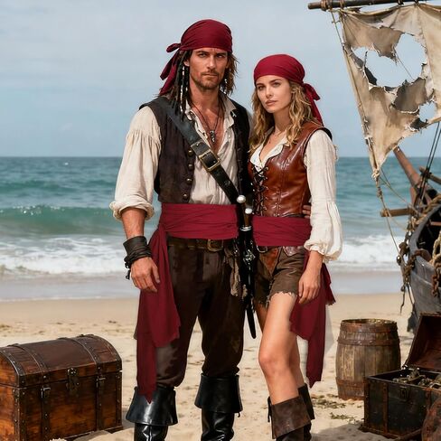 2pcs Pirate Costume Accessory Set, Pirate Costumes Kids Adult for Men & Women Red Headscarf and Belt Cosplay Hats Bandana Belts Eye Patch in Saudi Arabia