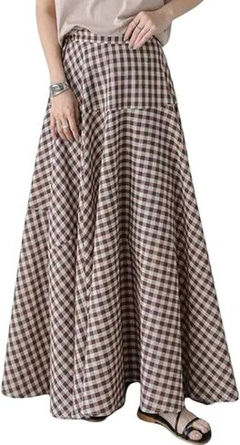 SEMATOMALA Women's Lightweight Elastic High Waist Plaid Maxi Swing Skirt A Line Full Length Long Boho Beach Skirt in Saudi Arabia