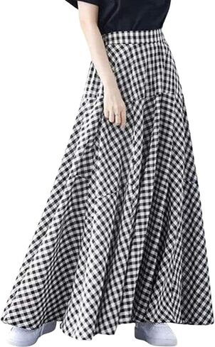 SEMATOMALA Women's Lightweight Elastic High Waist Plaid Maxi Swing Skirt A Line Full Length Long Boho Beach Skirt in Saudi Arabia