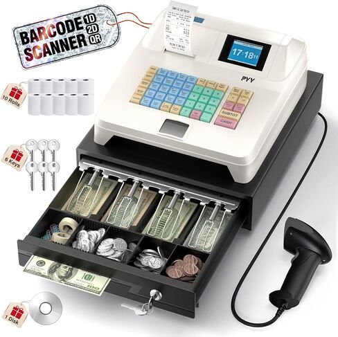 PYY Cash Register for Small Businesses - Electronic Commercial Caja Registradora para Negocio with Lock Cash Drawer Box, 48 Keys, 8 Digital Dual Display for Supermarket Restaurant in Saudi Arabia