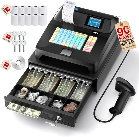 PYY Cash Register for Small Businesses - Electronic Commercial Caja Registradora para Negocio with Lock Cash Drawer Box, 48 Keys, 8 Digital Dual Display for Supermarket Restaurant in Saudi Arabia