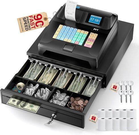 PYY Cash Register for Small Businesses - Electronic Commercial Caja Registradora para Negocio with Lock Cash Drawer Box, 48 Keys, 8 Digital Dual Display for Supermarket Restaurant in Saudi Arabia