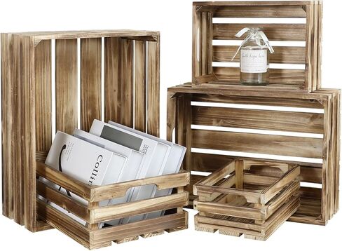 5-Piece Farmhouse Wooden Crate Set - Rustic Wooden Crates for Display and Storage, Large Torched Decorative Crates, Farmhouse Apple Crates, Painted Wood Crates for Decor in Saudi Arabia
