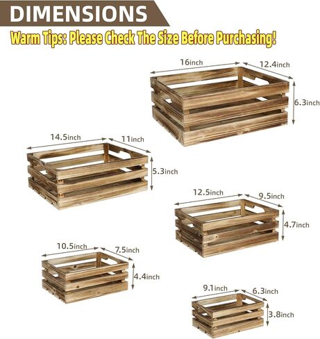 5-Piece Farmhouse Wooden Crate Set - Rustic Wooden Crates for Display and Storage, Large Torched Decorative Crates, Farmhouse Apple Crates, Painted Wood Crates for Decor in Saudi Arabia