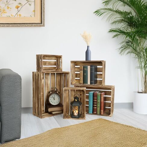 5-Piece Farmhouse Wooden Crate Set - Rustic Wooden Crates for Display and Storage, Large Torched Decorative Crates, Farmhouse Apple Crates, Painted Wood Crates for Decor in Saudi Arabia