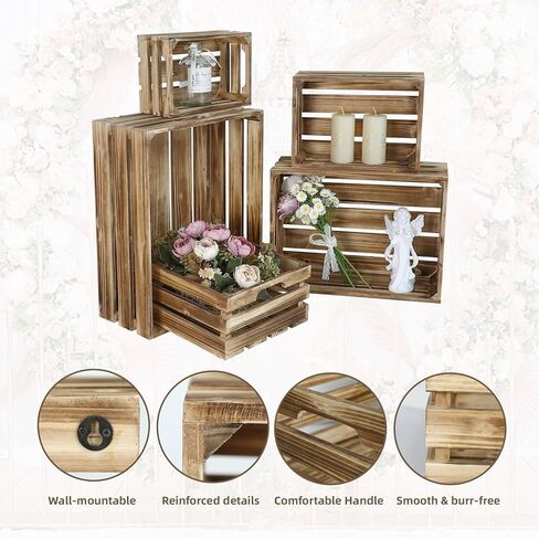 5-Piece Farmhouse Wooden Crate Set - Rustic Wooden Crates for Display and Storage, Large Torched Decorative Crates, Farmhouse Apple Crates, Painted Wood Crates for Decor in Saudi Arabia