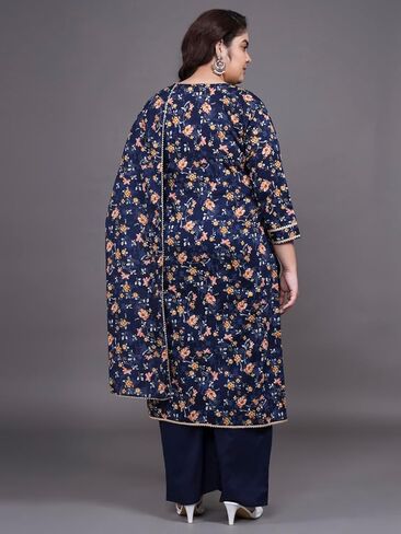 Tissu Women's Plus Size Navy Blue Printed Pure Cotton Kurta Palazzo With Dupatta in Saudi Arabia