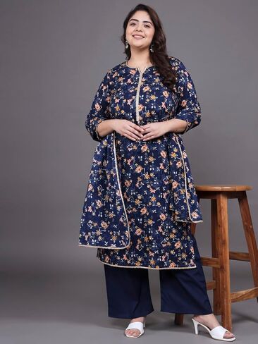 Tissu Women's Plus Size Navy Blue Printed Pure Cotton Kurta Palazzo With Dupatta in Saudi Arabia