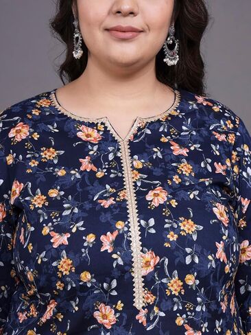 Tissu Women's Plus Size Navy Blue Printed Pure Cotton Kurta Palazzo With Dupatta in Saudi Arabia
