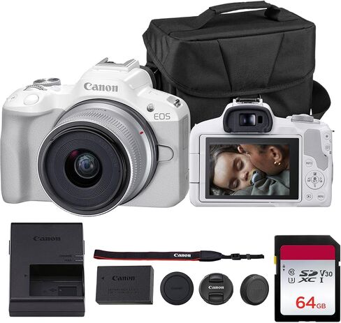 Canon EOS R50 كاميرا بدون مرآة مع عدسات RF-S من 18-45 مم و 55-210 مم | 24.2mp APS-C Sensor ، Pixel CMOS AF ، 4K فيديو | مجموعة كاميرا هجينة مضغوطة مع حقيبة الكتف وبطاقة 64 جيجابايت in Kuwait