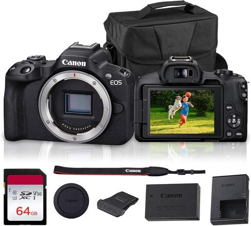 Canon EOS R50 كاميرا بدون مرآة مع عدسات RF-S من 18-45 مم و 55-210 مم | 24.2mp APS-C Sensor ، Pixel CMOS AF ، 4K فيديو | مجموعة كاميرا هجينة مضغوطة مع حقيبة الكتف وبطاقة 64 جيجابايت in Kuwait
