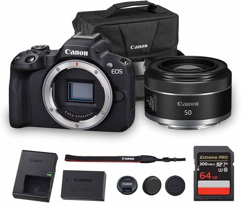 Canon EOS R50 كاميرا بدون مرآة مع عدسات RF-S من 18-45 مم و 55-210 مم | 24.2mp APS-C Sensor ، Pixel CMOS AF ، 4K فيديو | مجموعة كاميرا هجينة مضغوطة مع حقيبة الكتف وبطاقة 64 جيجابايت in Kuwait