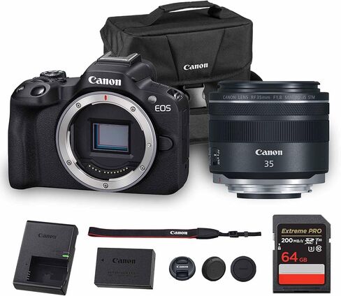 Canon EOS R50 كاميرا بدون مرآة مع عدسات RF-S من 18-45 مم و 55-210 مم | 24.2mp APS-C Sensor ، Pixel CMOS AF ، 4K فيديو | مجموعة كاميرا هجينة مضغوطة مع حقيبة الكتف وبطاقة 64 جيجابايت in Kuwait