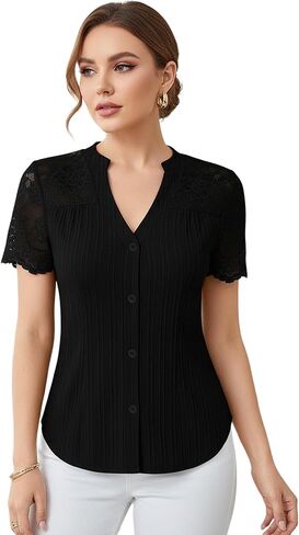 Women's Elegant Lace Button Down Shirts Summer Notched V Neck Short Sleeve Fitted Dressy Casual Blouses in Saudi Arabia