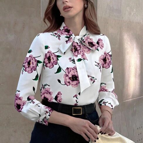 بلوزة نسائية بربطة عنق مزينة بالزهور وأكمام طويلة، بلوزة عمل بفيونكة ورقبة على شكل حرف V مطبوعة، قميص أنيق للمكتب in Saudi Arabia