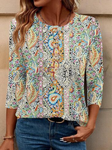 Womens 3/4 Length Sleeve Tops Round Neck Button Blouses Dressy Casual Tunic Shirts Trendy Fall Fashion Clothes in Saudi Arabia
