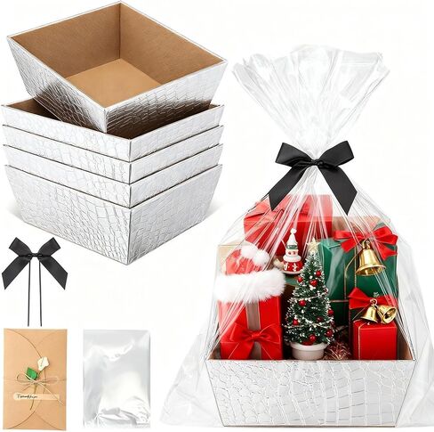 Wonderjune 5 Set Leather Empty Gift Basket with Gift Bags Bow Ribbons Greeting Cards 9.8x8.3x3.5'' Empty Basket for Wedding Gifts Career Advancement Birthday Snack Storage Favor(Black) in Kuwait