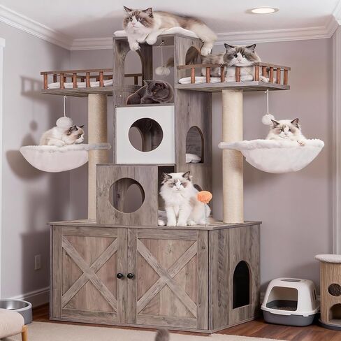 Heybly Cat Tree with Litter Box Enclosure for Indoor Big Cat, Cat Tower for Large Cats 20 lbs Heavy Duty, Modern Cat Condo Furniture with Scratching Posts, Rustic Gray HCT110SG in Kuwait
