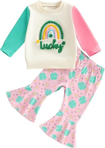 BemeyourBBs Toddler Girl St Patricks Day Outfit Baby Girl Shamrock Sweatshirt Top Flared Pants Set 2 Piece Spring Clothes in Kuwait