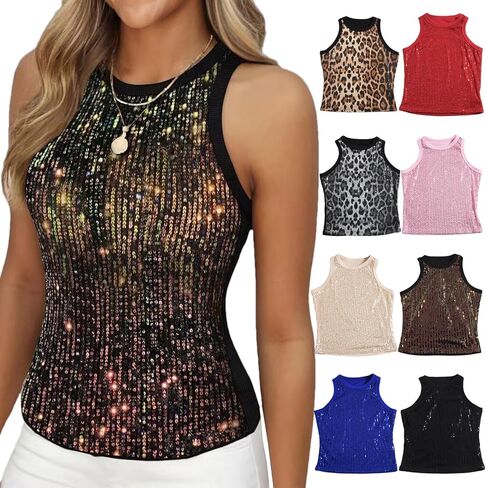 Womens Sequin Tank Tops Sparkle Sexy Sleeveless Club Party Camisole Casual Y2K Slim Crop Summer Vest in Saudi Arabia