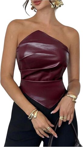 Floerns Women's Y2k Leather Strapless Tube Top Ruched Hanky Hem Going Out Sleeveless Tops in Saudi Arabia
