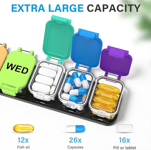 Extra Large Weekly Pill Organizer 7 Day - Portable Daily Pill Box with 7 Detachable Compartments, Vitamin Holder and Medicine Organizer for Supplements, Home and Travel, Rainbow in Saudi Arabia