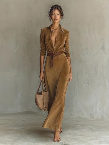 Women's Suede Lapel not Included Belt Maxi Dress Single-Breasted Long Sleeve Tailored Fall Winter Semi-Formal in Saudi Arabia