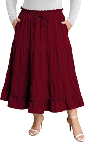 Plus Size Maxi Skirt for Women Fall High Waisted A-Line Flowy Tiered Casual Long Skirts with Pockets in Saudi Arabia