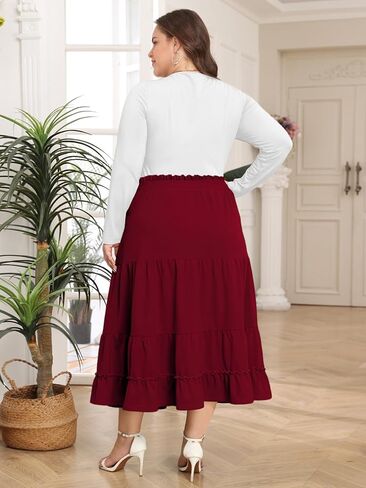 Plus Size Maxi Skirt for Women Fall High Waisted A-Line Flowy Tiered Casual Long Skirts with Pockets in Saudi Arabia