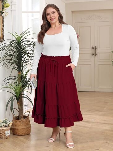 Plus Size Maxi Skirt for Women Fall High Waisted A-Line Flowy Tiered Casual Long Skirts with Pockets in Saudi Arabia