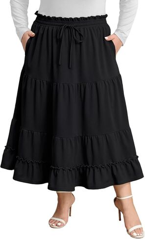 Plus Size Maxi Skirt for Women Fall High Waisted A-Line Flowy Tiered Casual Long Skirts with Pockets in Saudi Arabia