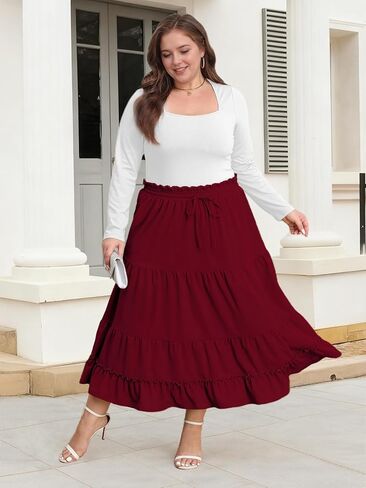 Plus Size Maxi Skirt for Women Fall High Waisted A-Line Flowy Tiered Casual Long Skirts with Pockets in Saudi Arabia