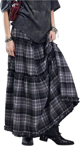 تنورة طويلة نسائية من Verdusa بتصميم Grunge Gingham منقوشة بطبقات وكشكشة طويلة على شكل حرف A in Saudi Arabia