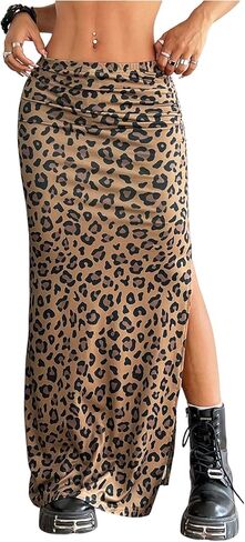 OYOANGLE Women's Leopard Print High Slit Maxi Skirt Elastic Waist Y2K Cheetah Pencil Skirts in Saudi Arabia