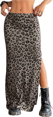 OYOANGLE Women's Leopard Print High Slit Maxi Skirt Elastic Waist Y2K Cheetah Pencil Skirts in Saudi Arabia
