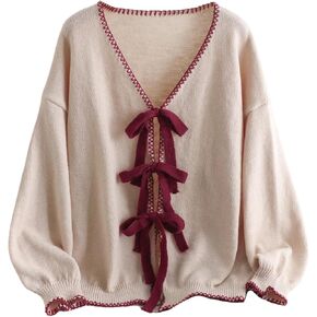 SHENHE Women's Plus Size Tie Front Bow Cardigan Sweater V Neck Fall Soft Knit Loose Cardigan in Saudi Arabia