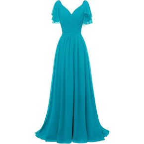 Yexinbridal فساتين وصيفة العروس بأكمام مكشكشة ورقبة على شكل حرف v شيفون طويلة رسمية لحفلات الزفاف المسائية للنساء in Kuwait