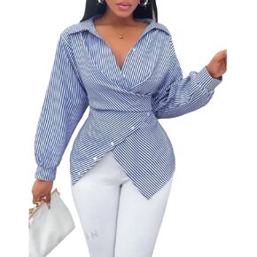 Chvity Stripes Cross V Neck Wrap Blouse for Women Fashion Sexy Slim Fit Long Sleeve Buttons Shirts Casual Cozy Tops in Saudi Arabia